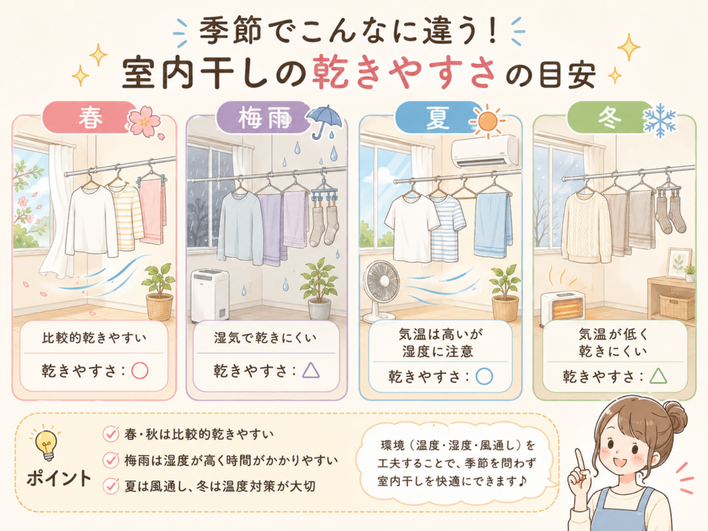 季節別の室内干しの洗濯物の乾きやすさを説明するイラスト